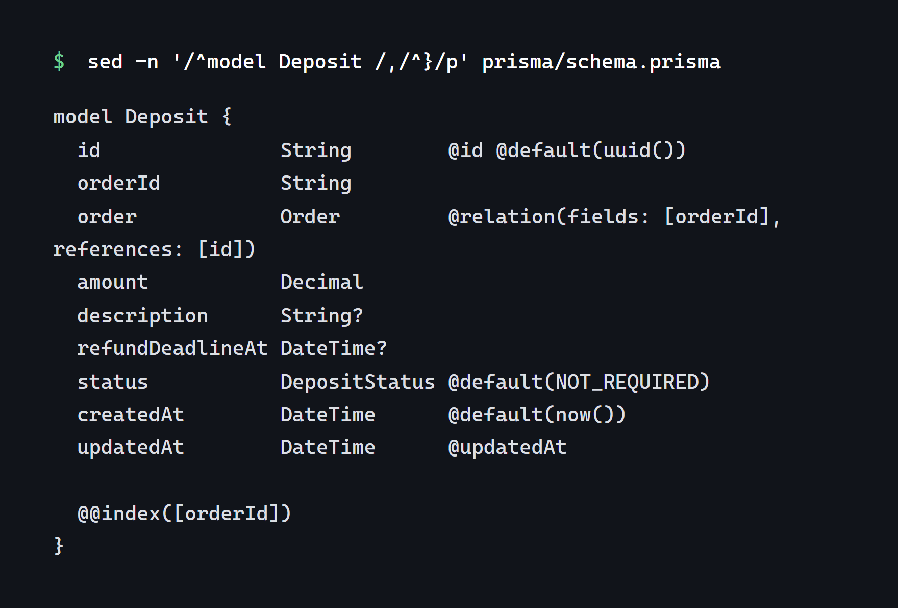 Модель Deposit из schema.prisma: сумма десятичным числом, срок, статус-перечисление