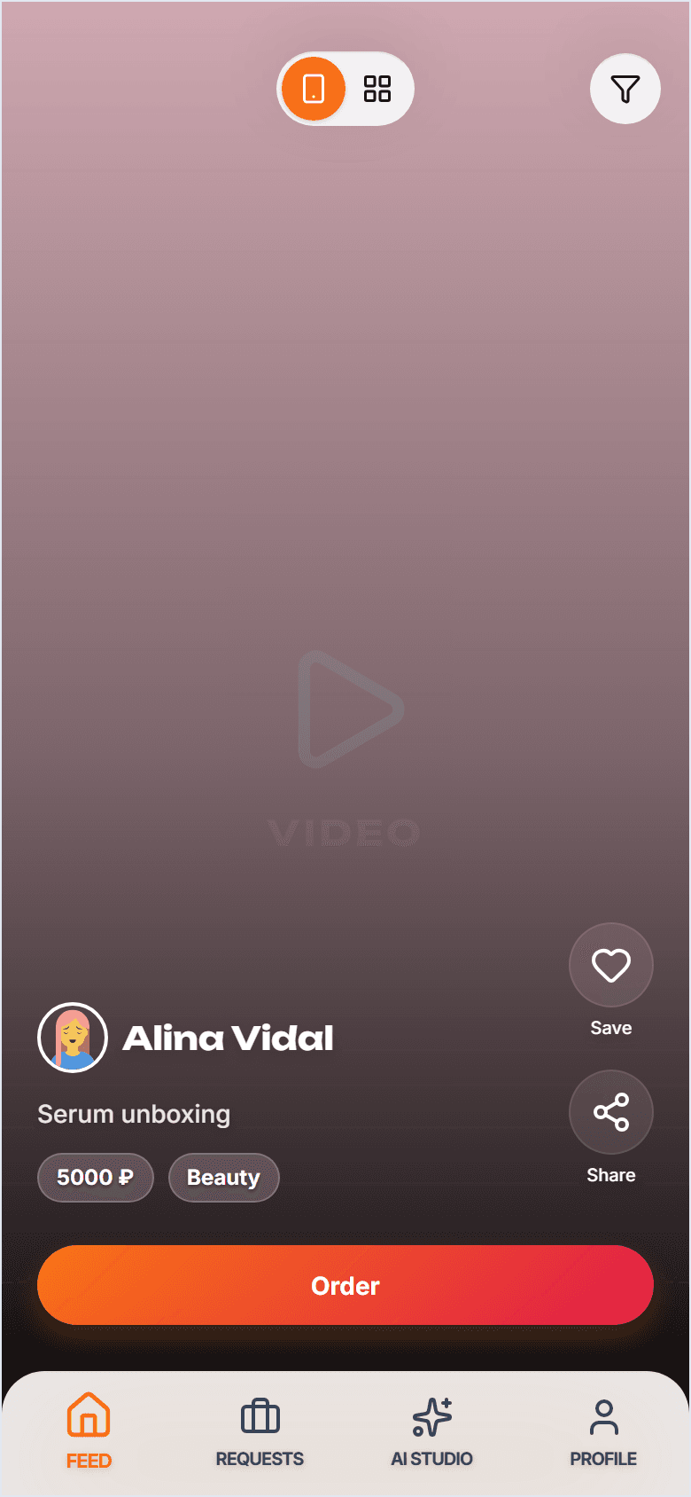 Creator feed in the marketplace app, with an order button