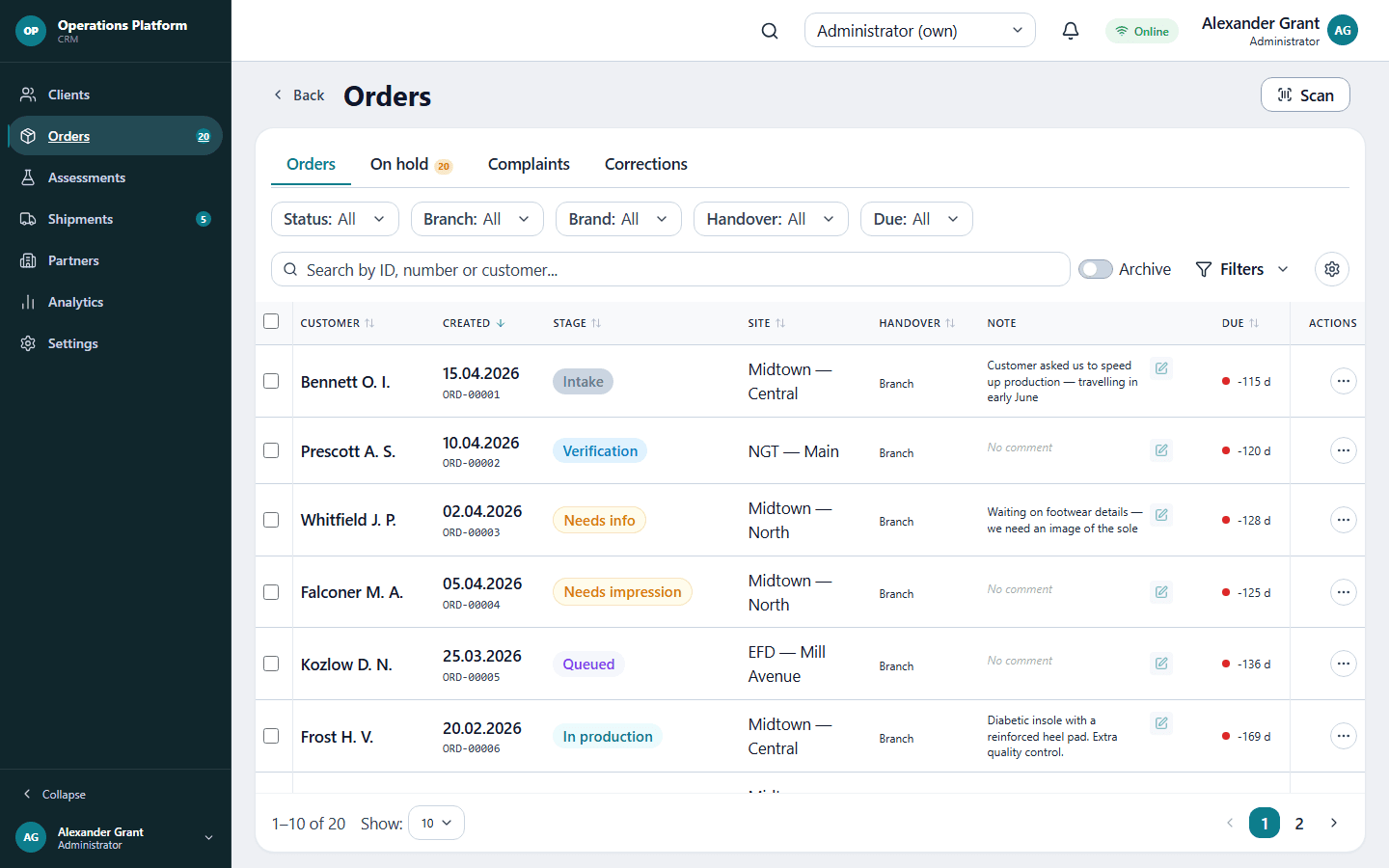Order board in the operations platform, with production stages