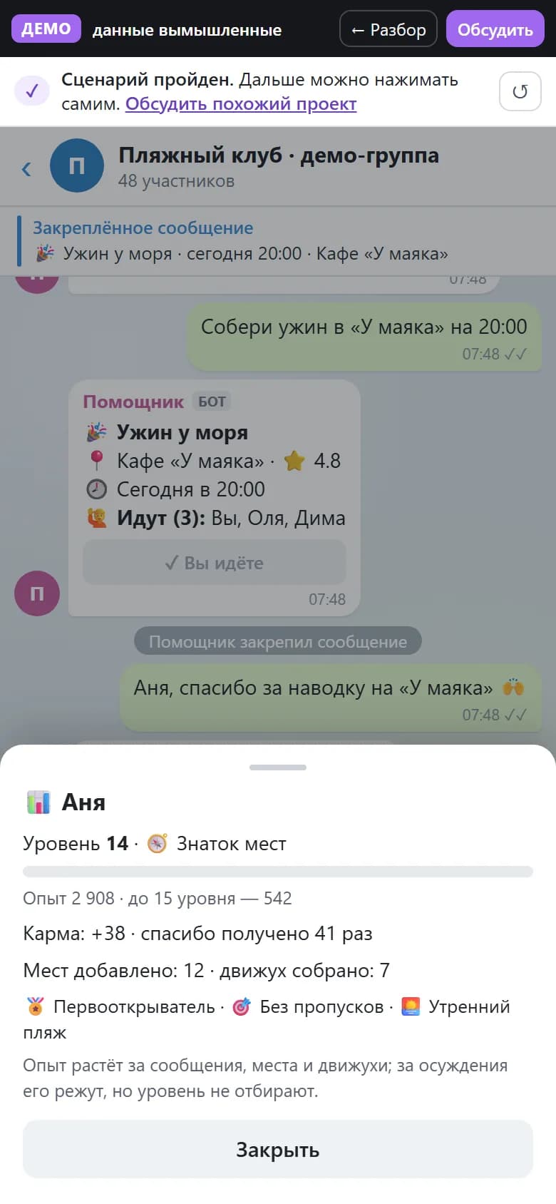 Профиль участника: уровень, звание, опыт до следующего уровня и карма
